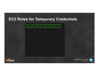 EC2 Roles for Temporary Credentials
•  Remove hard-coded
credentials from scripts
and config files
•  Create an IAM Role a...