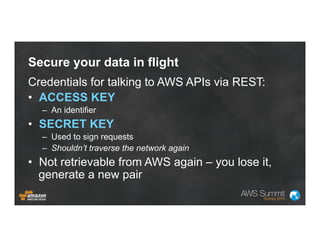 Secure your data in flight
Credentials for talking to AWS APIs via REST:
•  ACCESS KEY
–  An identifier
•  SECRET KEY
–  U...