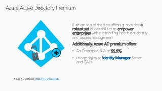 Built on top of the free offering, provides a
robust set of capabilities to empower
enterprises with demanding needs on identity
and access management
Additionally, Azure AD premium offers:
• An Enterprise SLA of 99.9%
• Usage rights to Identity Manager Server
and CALs
Azure Active Directory Premium
Azure AD Editions: http://bit.ly/1gyDRoN
 