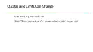 QuotasandLimitsCan Change
Batch service quotas andlimits
https://docs.microsoft.com/en-us/azure/batch/batch-quota-limit
 