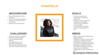 • Head of Marketing of visitor
attraction
• 6 years of working experience
• Passion for tourism and the
community
• Extrovert and hardworking
• Constant need to do multiple
entries of similar updates
• Lack of affordable staff
training
• The opportunity cost of
physical meeting times
• Not knowing which marketing
channels would be best to use
• Increase awareness of
organisation to potential
consumers
• Develop creative marketing
campaigns and engage
with the best channels of
communication
• To have better marketing
skills and management of
time
• Better social media integration on
digital platform
• Integration of data to reduce time
updating on multiple channels
• Knowledge sharing and access to
resources (i.e marketing templates)
• Management platform (reduce
time spent meeting face-to-face)
• Easy access to marketing
collaborations (radios, publications
etc.)
 
