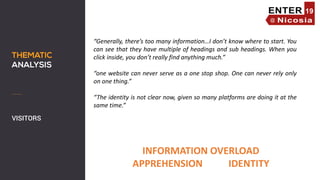 VISITORS
“Generally, there’s too many information…I don’t know where to start. You
can see that they have multiple of headings and sub headings. When you
click inside, you don’t really find anything much.”
“one website can never serve as a one stop shop. One can never rely only
on one thing.”
“The identity is not clear now, given so many platforms are doing it at the
same time.”
INFORMATION OVERLOAD
APPREHENSION IDENTITY
 