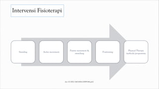 Intervensi Fisioterapi
Standing Active movement
Passive movement &
stretching
Positioning
Physical Therapy
methods/programme
doi: 10.1002/14651858.CD009188.pub2
 