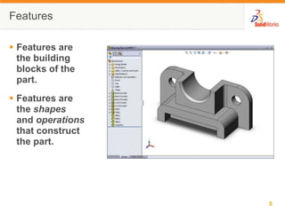 FeaturesFeatures are the building blocks of the part.Features are the shapesand operationsthat construct the part.