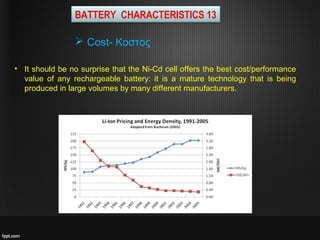 BATTERY CHARACTERISTICS 13
• It should be no surprise that the Ni-Cd cell offers the best cost/performance
value of any rechargeable battery: it is a mature technology that is being
produced in large volumes by many different manufacturers.
 Cost- Κοστος
 