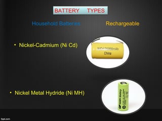 BATTERY TYPES
RechargeableHousehold Batteries
• Nickel-Cadmium (Ni Cd)
• Nickel Metal Hydride (Ni MH)
 