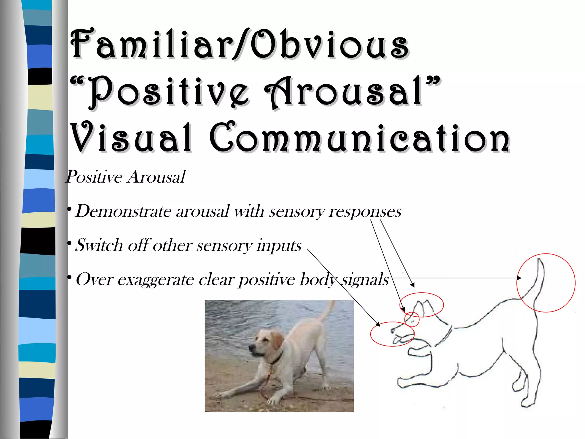 Familiar/ObviousFamiliar/Obvious
“Positive Arousal”“Positive Arousal”
Visual CommunicationVisual Communication
Positive Arousal
•Demonstrate arousal with sensory responses
•Switch off other sensory inputs
•Over exaggerate clear positive body signals
 