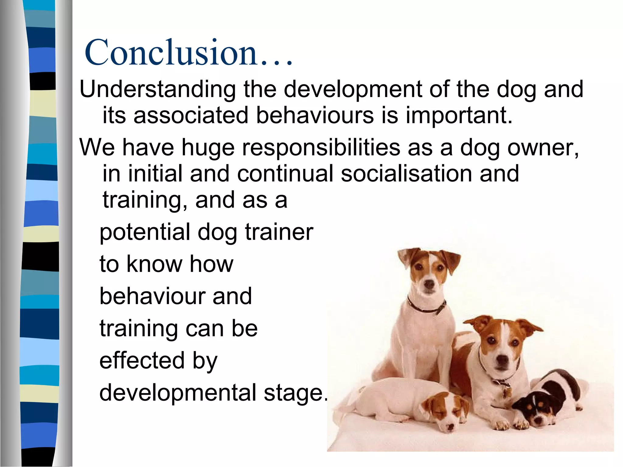 Conclusion…
Understanding the development of the dog and
its associated behaviours is important.
We have huge responsibilities as a dog owner,
in initial and continual socialisation and
training, and as a
potential dog trainer
to know how
behaviour and
training can be
effected by
developmental stage.
 
