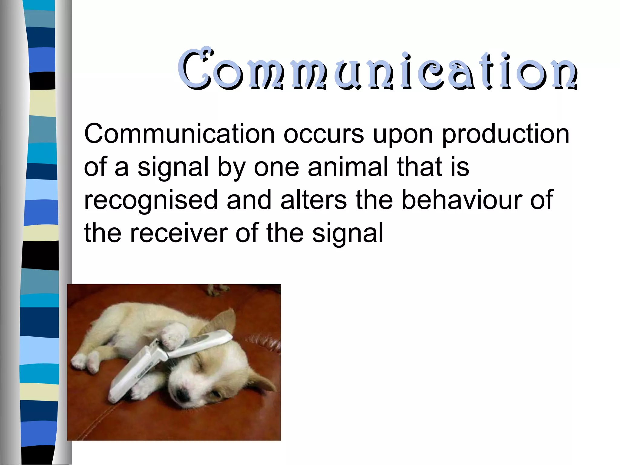 CommunicationCommunication
Communication occurs upon production
of a signal by one animal that is
recognised and alters the behaviour of
the receiver of the signal
 