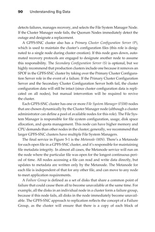 90 	    Understanding Big Data



               detects failures, manages recovery, and selects the File System Manager Node.
               If the Cluster Manager node fails, the Quorum Nodes immediately detect the
               outage and designate a replacement.
                   A GPFS-SNC cluster also has a Primary Cluster Configuration Server (P),
               which is used to maintain the cluster’s configuration files (this role is desig-
               nated to a single node during cluster creation). If this node goes down, auto-
               mated recovery protocols are engaged to designate another node to assume
               this responsibility. The Secondary Configuration Server (S) is optional, but we
               highly recommend that production clusters include one because it removes an
               SPOF in the GPFS-SNC cluster by taking over the Primary Cluster Configura-
               tion Server role in the event of a failure. If the Primary Cluster Configuration
               Server and the Secondary Cluster Configuration Server both fail, the cluster
               configuration data will still be intact (since cluster configuration data is repli-
               cated on all nodes), but manual intervention will be required to revive
               the cluster.
                   Each GPFS-SNC cluster has one or more File System Manager (FSM) nodes
               that are chosen dynamically by the Cluster Manager node (although a cluster
               administrator can define a pool of available nodes for this role). The File Sys-
               tem Manager is responsible for file system configuration, usage, disk space
               allocation, and quota management. This node can have higher memory and
               CPU demands than other nodes in the cluster; generally, we recommend that
               larger GPFS-SNC clusters have multiple File System Managers.
                   The final service in Figure 5-1 is the Metanode (MN). There’s a Metanode
               for each open file in a GPFS-SNC cluster, and it’s responsible for maintaining
               file metadata integrity. In almost all cases, the Metanode service will run on
               the node where the particular file was open for the longest continuous peri-
               od of time. All nodes accessing a file can read and write data directly, but
               updates to metadata are written only by the Metanode. The Metanode for
               each file is independent of that for any other file, and can move to any node
               to meet application requirements.
                   A Failure Group is defined as a set of disks that share a common point of
               failure that could cause them all to become unavailable at the same time. For
               example, all the disks in an individual node in a cluster form a failure group,
               because if this node fails, all disks in the node immediately become unavail-
               able. The GPFS-SNC approach to replication reflects the concept of a Failure
               Group, as the cluster will ensure that there is a copy of each block of




ch05.indd 90                                                                                    07/10/11 5:10 PM
 