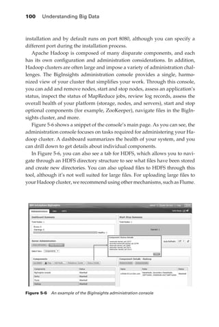 100 	 Understanding Big Data



            installation and by default runs on port 8080, although you can specify a
            different port during the installation process.
               Apache Hadoop is composed of many disparate components, and each
            has its own configuration and administration considerations. In addition,
            Hadoop clusters are often large and impose a variety of administration chal-
            lenges. The BigInsights administration console provides a single, harmo-
            nized view of your cluster that simplifies your work. Through this console,
            you can add and remove nodes, start and stop nodes, assess an application’s
            status, inspect the status of MapReduce jobs, review log records, assess the
            overall health of your platform (storage, nodes, and servers), start and stop
            optional components (for example, ZooKeeper), navigate files in the BigIn-
            sights cluster, and more.
               Figure 5-6 shows a snippet of the console’s main page. As you can see, the
            administration console focuses on tasks required for administering your Ha-
            doop cluster. A dashboard summarizes the health of your system, and you
            can drill down to get details about individual components.
               In Figure 5-6, you can also see a tab for HDFS, which allows you to navi-
            gate through an HDFS directory structure to see what files have been stored
            and create new directories. You can also upload files to HDFS through this
            tool, although it’s not well suited for large files. For uploading large files to
            your Hadoop cluster, we recommend using other mechanisms, such as Flume.




            Figure 5-6  An example of the BigInsights administration console




ch05.indd 100                                                                              07/10/11 5:10 PM
 