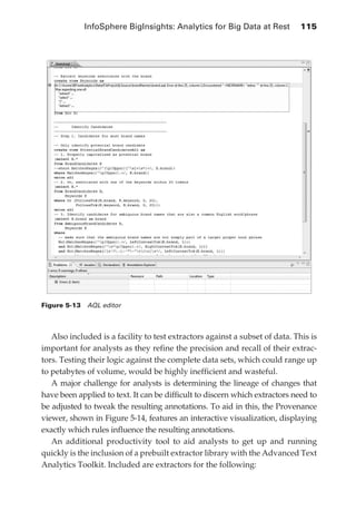 InfoSphere BigInsights: Analytics for Big Data at Rest 	 115




            Figure 5-13  AQL editor



               Also included is a facility to test extractors against a subset of data. This is
            important for analysts as they refine the precision and recall of their extrac-
            tors. Testing their logic against the complete data sets, which could range up
            to petabytes of volume, would be highly inefficient and wasteful.
               A major challenge for analysts is determining the lineage of changes that
            have been applied to text. It can be difficult to discern which extractors need to
            be adjusted to tweak the resulting annotations. To aid in this, the Provenance
            viewer, shown in Figure 5-14, features an interactive visualization, displaying
            exactly which rules influence the resulting annotations.
               An additional productivity tool to aid analysts to get up and running
            quickly is the inclusion of a prebuilt extractor library with the Advanced Text
            Analytics Toolkit. Included are extractors for the following:




ch05.indd 115                                                                                07/10/11 5:11 PM
 