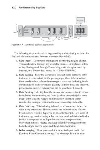 120 	 Understanding Big Data




                                                                                                                      Documents

                   ?
                                                                                                                          Indexer




                                                                                                    Index Store
                         Dispatcher




                                                                                                    Dispatcher
                                      Runtime
                           Query




                                      Shard
                Search                Cluster
                                                                ...
                                                Slave   Slave         Slave   Master Index Store                  BigInsights Cluster

                                                                                     Pull    Dispatch             Store
                                                                      Pull



            Figure 5-17  Distributed BigIndex deployment



               The following steps are involved in generating and deploying an index for
            the kind of distributed environment shown in Figure 5-17:
                    1.	 Data ingest  Documents are ingested into the BigInsights cluster.
                        This can be done through any available means—for instance, a flow
                        of log files ingested through Flume, diagnostic data processed by
                        Streams, or a Twitter feed stored in HDFS or GPFS-SNC.
                    2.	 Data parsing  Parse the documents to select fields that need to be
                        indexed. It is important for the parsing algorithms to be selective:
                        there needs to be a balance between good coverage (indexing fields
                        on which users will search) and quantity (as more fields are indexed,
                        performance slows). Text analytics can be used here, if needed.
                    3.	 Data faceting  Identify how the current documents relate to others
                        by isolating and extracting the facets (such as categories) that users
                        might want to use to narrow and drill down into their search
                        results—for example, year, month, date; or country, state, city.
                    4.	 Data indexing  This indexing is based on a Lucene text index, but
                        with many extensions. The documents are indexed using Hadoop
                        by an Indexer, which is deployed as a MapReduce job. Two kinds of
                        indexes are generated: a single Lucene index and a distributed index
                        (which is composed of multiple Lucene indexes representing
                        individual indices). Faceted indexing capability is integrated with
                        both the single Lucene index and the distributed index.
                    5.	 Index merging  Once generated, the index is dispatched to the
                        Runtime Shard Cluster for storage. The Master pulls the indexes




ch05.indd 120                                                                                                                           07/10/11 5:11 PM
 