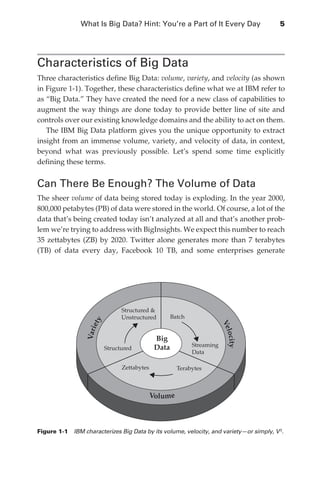 What Is Big Data? Hint: You’re a Part of It Every Day	                   5




              Characteristics of Big Data
              Three characteristics define Big Data: volume, variety, and velocity (as shown
              in Figure 1-1). Together, these characteristics define what we at IBM refer to
              as “Big Data.” They have created the need for a new class of capabilities to
              augment the way things are done today to provide better line of site and
              controls over our existing knowledge domains and the ability to act on them.
                 The IBM Big Data platform gives you the unique opportunity to extract
              insight from an immense volume, variety, and velocity of data, in context,
              beyond what was previously possible. Let’s spend some time explicitly
              defining these terms.


              Can There Be Enough? The Volume of Data
              The sheer volume of data being stored today is exploding. In the year 2000,
              800,000 petabytes (PB) of data were stored in the world. Of course, a lot of the
              data that’s being created today isn’t analyzed at all and that’s another prob-
              lem we’re trying to address with BigInsights. We expect this number to reach
              35 zettabytes (ZB) by 2020. Twitter alone generates more than 7 terabytes
              (TB) of data every day, Facebook 10 TB, and some enterprises generate




                                               Structured &
                                               Unstructured        Batch
                                   ety




                                                                                       Ve
                               Vari




                                                                                          loc




                                                            Big
                                                                                         ity




                                                            Data           Streaming
                                         Structured
                                                                           Data

                                               Zettabytes            Terabytes



                                                        Volume



              Figure 1-1  IBM characterizes Big Data by its volume, velocity, and variety—or simply, V 3.




ch01.indd 5                                                                                            07/10/11 12:38 PM
 