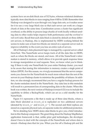 58 	    Understanding Big Data



               systems have an on-disk block size of 512 bytes, whereas relational databases
               typically store data blocks in sizes ranging from 4 KB to 32 KB. Remember that
               Hadoop was designed to scan through very large data sets, so it makes sense
               for it to use a very large block size so that each server can work on a larger
               chunk of data at the same time. Coordination across a cluster has significant
               overhead, so the ability to process large chunks of work locally without send-
               ing data to other nodes helps improve both performance and the overhead to
               real work ratio. Recall that each data block is stored by default on three differ-
               ent servers; in Hadoop, this is implemented by HDFS working behind the
               scenes to make sure at least two blocks are stored on a separate server rack to
               improve reliability in the event you lose an entire rack of servers.
                  All of Hadoop’s data placement logic is managed by a special server called
               NameNode. This NameNode server keeps track of all the data files in HDFS,
               such as where the blocks are stored, and more. All of the NameNode’s infor-
               mation is stored in memory, which allows it to provide quick response times
               to storage manipulation or read requests. Now, we know what you’re think-
               ing: If there is only one NameNode for your entire Hadoop cluster, you need
               to be aware that storing this information in memory creates a single point of
               failure (SPOF). For this reason, we strongly recommend that the server compo-
               nents you choose for the NameNode be much more robust than the rest of the
               servers in your Hadoop cluster to minimize the possibility of failures. In addi-
               tion, we also strongly recommend that you have a regular backup process for
               the cluster metadata stored in the NameNode. Any data loss in this metadata
               will result in a permanent loss of corresponding data in the cluster. When this
               book was written, the next version of Hadoop (version 0.21) was to include the
               capability to define a BackupNode, which can act as a cold standby for the
               NameNode.
                  Figure 4-1 represents a file that is made up of three data blocks, where a
               data block (denoted as block_n) is replicated on two additional servers
               (denoted by block_n' and block_n''). The second and third replicas are
               stored on a separate physical rack, on separate nodes for additional protection.
                  We’re detailing how HDFS stores data blocks to give you a brief introduc-
               tion to this Hadoop component. The great thing about the Hadoop MapReduce
               application framework is that, unlike prior grid technologies, the developer
               doesn’t have to deal with the concepts of the NameNode and where data is
               stored—Hadoop does that for you. When you fire off a Hadoop job and the




ch04.indd 58                                                                                   07/10/11 5:09 PM
 