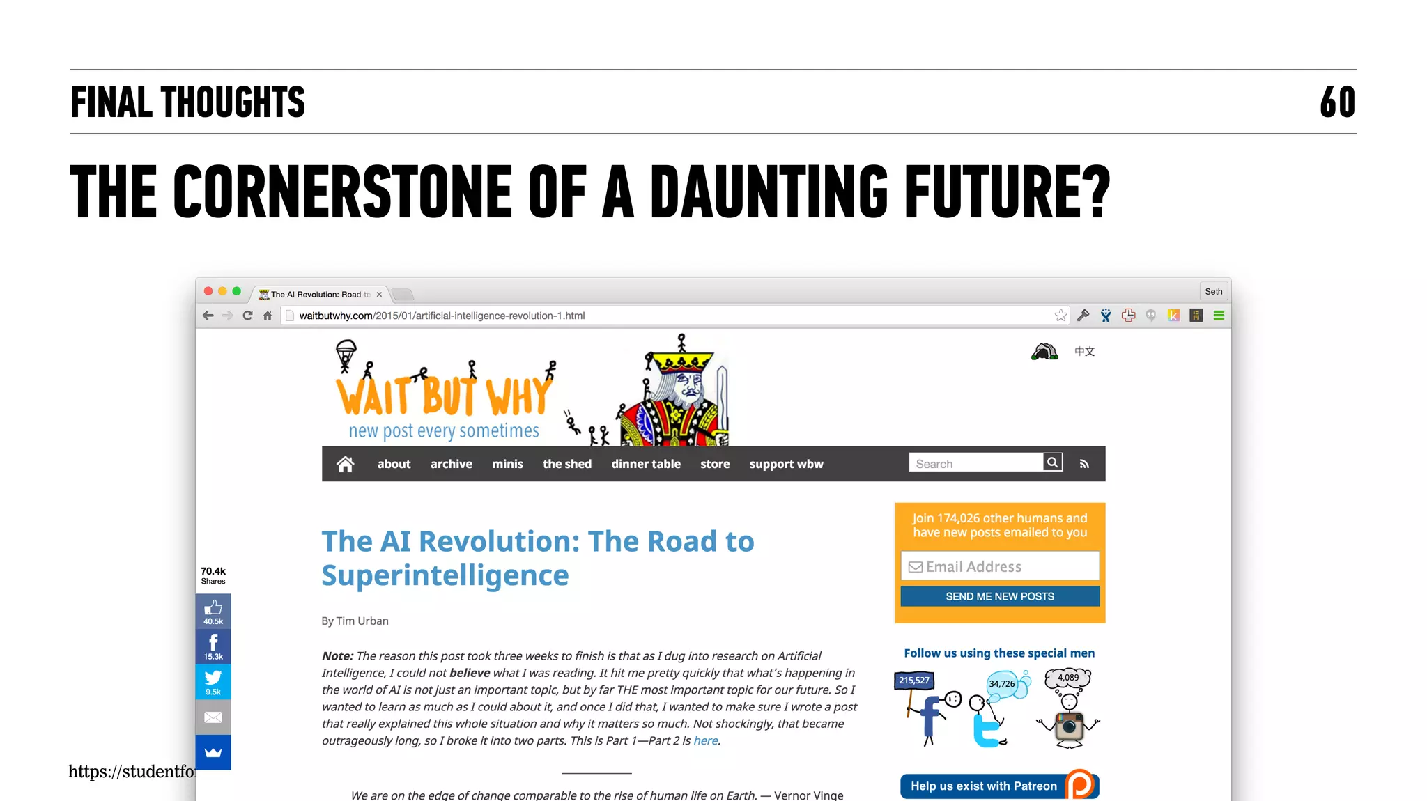 FINAL THOUGHTS
THE CORNERSTONE OF A DAUNTING FUTURE?
60
https://studentforce.wordpress.com/2013/09/21/umuc-big-data-revolution-is-here/
 
