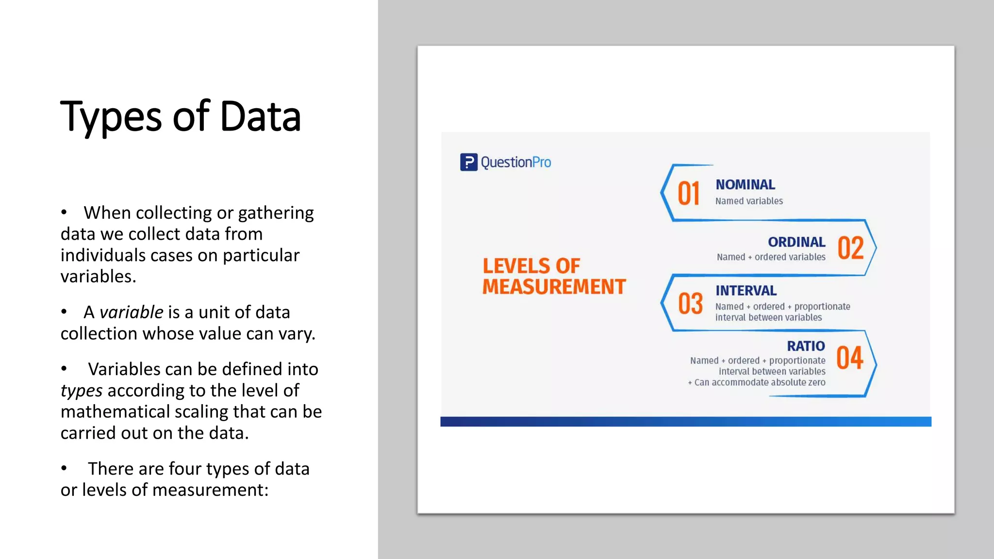 Types of Data
• When collecting or gathering
data we collect data from
individuals cases on particular
variables.
• A variable is a unit of data
collection whose value can vary.
• Variables can be defined into
types according to the level of
mathematical scaling that can be
carried out on the data.
• There are four types of data
or levels of measurement:
 