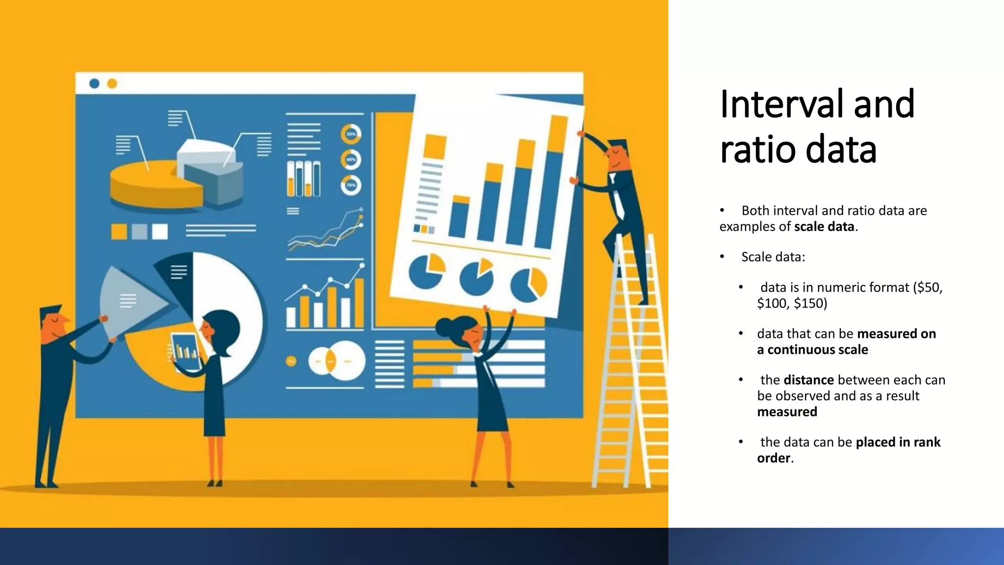 Interval and
ratio data
• Both interval and ratio data are
examples of scale data.
• Scale data:
• data is in numeric format ($50,
$100, $150)
• data that can be measured on
a continuous scale
• the distance between each can
be observed and as a result
measured
• the data can be placed in rank
order.
 