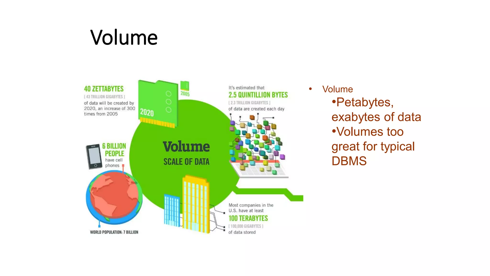 Volume
• Volume
•Petabytes,
exabytes of data
•Volumes too
great for typical
DBMS
 