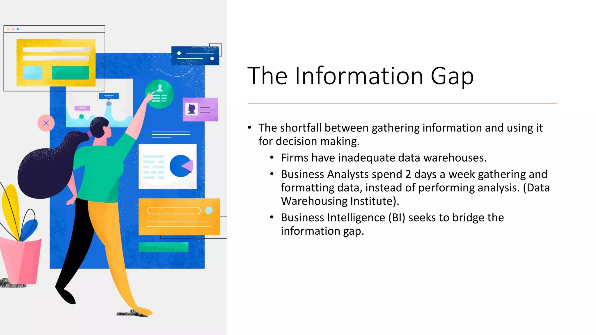 The Information Gap
• The shortfall between gathering information and using it
for decision making.
• Firms have inadequate data warehouses.
• Business Analysts spend 2 days a week gathering and
formatting data, instead of performing analysis. (Data
Warehousing Institute).
• Business Intelligence (BI) seeks to bridge the
information gap.
 