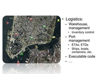 • Logistics:
– Warehouse,
management
• Inventory control
– Port
management
• ETAs, ETDs
• Ships, boats,
containers, etc.
– Executable code
– …
 