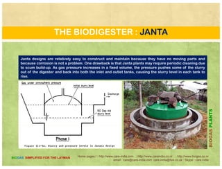 THE BIODIGESTER : DCS
PLANTS
DCS uses a straight design
for low water table areas
BIOGASP
Home pages:/ : http://www.care-india.com : http://www.careindia.co.nr : http://www.biogas.co.nr
email : care@care-india.com care.india@live.co.uk : Skype : care.india
BIOGAS SIMPLIFIED FOR THE LAYMAN
B
 