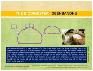 THE BIODIGESTER : CHINA FIXED DOME
Fixed dome Chinese model biogas plant (also called drumless digester) was built in China as
early as 1936. It consists of an underground brick masonry compartment (fermentation
chamber) with a dome on the top for gas storage. In this design, the fermentation chamber
PLANTS
) p g g g ,
and gas holder are combined as one unit. This design eliminates the use of costlier mild steel
gas holder which is susceptible to corrosion. The life of fixed dome type plant is longer (from
20 to 50 years) compared to KVIC plant.
BIOGASP
Home pages:/ : http://www.care-india.com : http://www.careindia.co.nr : http://www.biogas.co.nr
email : care@care-india.com care.india@live.co.uk : Skype : care.india
BIOGAS SIMPLIFIED FOR THE LAYMAN
B
 