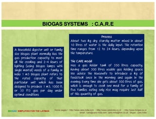 BIOGAS SYSTEMS : BASED ON OLD SYSTEMS
SL. No Plant Capacity
Av. Daily Feedstock and Slurry
(ratio of 1 Kg. Feedstock:1 Lt. Water)
Requirement
Approx. No. of
Av. Size Cattle
No. of family members
(cooking and lighting
requirement)
Average cost as
on Sept 1, 2010
q q )
Feedstock Fresh Slurry
(M3) (Ft3) (Kg) (Lt.) (Nos.) (Nos.) (Indian Rs.)
Commencement to Commissioning 06 Months
for Digestors 2 20 Cubic Meters Plus
(M ) ( ) (Kg) ( ) ( ) ( ) ( )
1 1 35 2.5 5.0 2-3 3-4 10000
2 2 70 5.0 10.0 4-6 6-8 18000
3 3 105 75 15.0 6-9 9-12 25000
4 4 140 10.0 20.0 8-12 12-16 34000
5 6 210 15.0 30.0 12-18 18-24 44000
Commencement to Commissioning 30 - 90 Days
for Digestors from 1m3 200 m3
Home pages:/ : http://www.care-india.com : http://www.careindia.co.nr : http://www.biogas.co.nr
email : care@care-india.com care.india@live.co.uk : Skype : care.india
BIOGAS SIMPLIFIED FOR THE LAYMAN
for Digestors from 1m3 200 m3
 