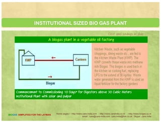 INSTITUTIONAL SIZED BIO GAS PLANT
Serving Over 15,000 People
Main digestion tank (35 m3), Manure pits, Gas lamps for utilisation of the biogas generated in the
plant
Home pages:/ : http://www.care-india.com : http://www.careindia.co.nr : http://www.biogas.co.nr
email : care@care-india.com care.india@live.co.uk : Skype : care.india
BIOGAS SIMPLIFIED FOR THE LAYMAN
plant.
 