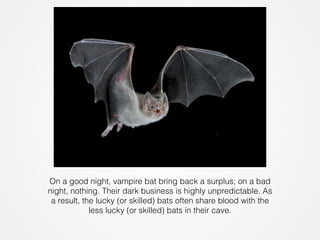 吸⾎血蝙蝠 
On a good night, vampire bat bring back a surplus; on a bad 
night, nothing. Their dark business is highly unpredictable. As 
a result, the lucky (or skilled) bats often share blood with the 
less lucky (or skilled) bats in their cave. 
 