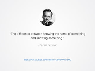 “The difference between knowing the name of something 
and knowing something.” 
– Richard Feynman 
https://www.youtube.com/watch?v=05WS0WN7zMQ 
 