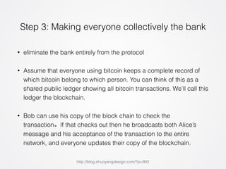 Step 3: Making everyone collectively the bank 
• eliminate the bank entirely from the protocol 
• Assume that everyone using bitcoin keeps a complete record of 
which bitcoin belong to which person. You can think of this as a 
shared public ledger showing all bitcoin transactions. We’ll call this 
ledger the blockchain. 
• Bob can use his copy of the block chain to check the 
transaction。If that checks out then he broadcasts both Alice’s 
message and his acceptance of the transaction to the entire 
network, and everyone updates their copy of the blockchain. 
http://blog.shuoyangdesign.com/?p=902 
 