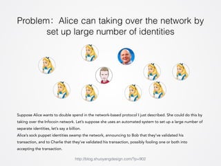 Problem：Alice can taking over the network by 
set up large number of identities 
Suppose Alice wants to double spend in the network-based protocol I just described. She could do this by 
taking over the Infocoin network. Let’s suppose she uses an automated system to set up a large number of 
separate identities, let’s say a billion. 
Alice’s sock puppet identities swamp the network, announcing to Bob that they’ve validated his 
transaction, and to Charlie that they’ve validated his transaction, possibly fooling one or both into 
accepting the transaction. 
http://blog.shuoyangdesign.com/?p=902 
 