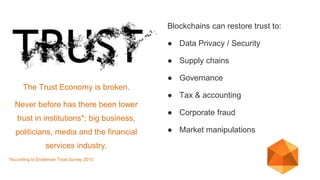 The Trust Economy is broken.
Never before has there been lower
trust in institutions*; big business,
politicians, media an...