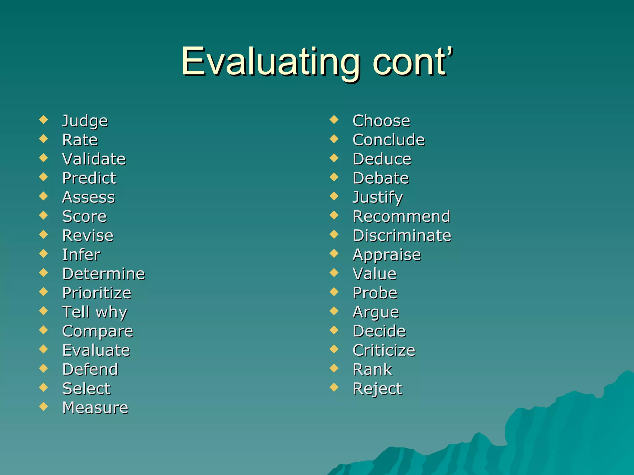 Evaluating cont’ Judge Rate Validate Predict Assess Score Revise Infer Determine Prioritize Tell why Compare Evaluate Defend Select  Measure Choose Conclude Deduce Debate Justify Recommend Discriminate Appraise Value Probe Argue Decide Criticize Rank Reject 