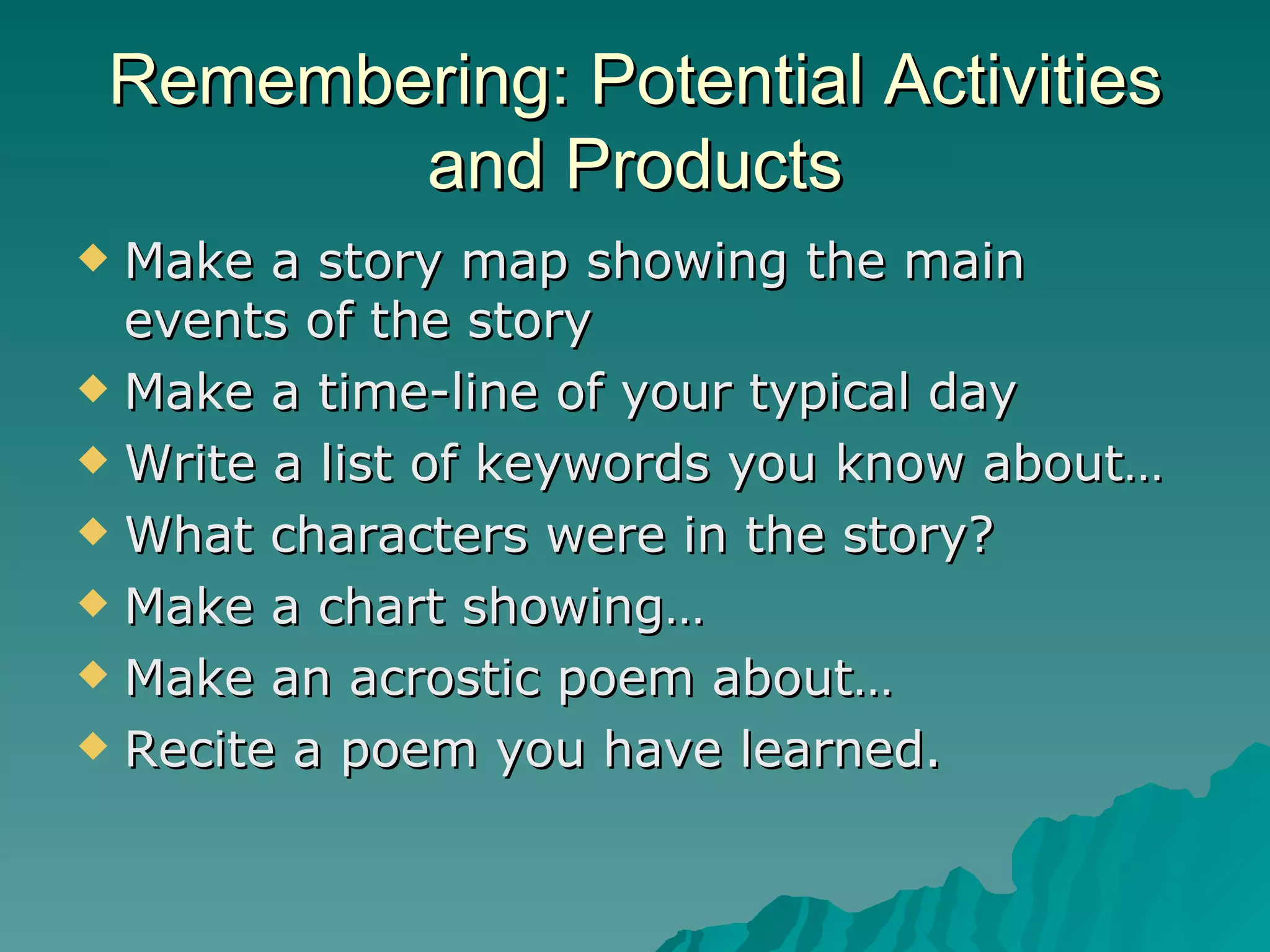 Remembering: Potential Activities and Products Make a story map showing the main events of the story Make a time-line of your typical day Write a list of keywords you know about… What characters were in the story? Make a chart showing… Make an acrostic poem about… Recite a poem you have learned. 