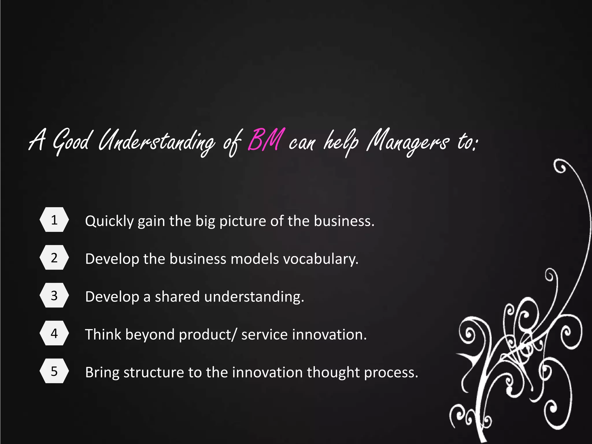 A Good Understanding of BM can help Managers to:
1

Quickly gain the big picture of the business.

2

Develop the business models vocabulary.

3

Develop a shared understanding.

4

Think beyond product/ service innovation.

5

Bring structure to the innovation thought process.

 