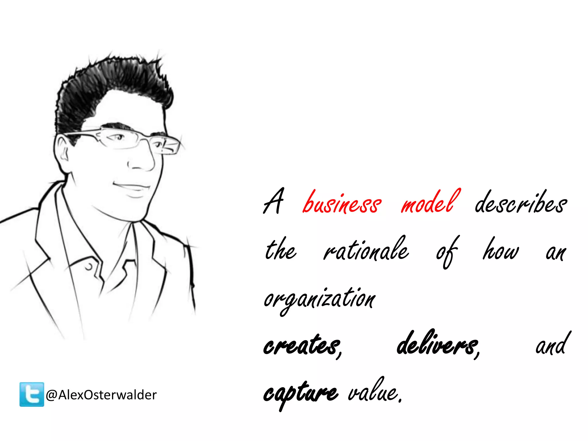 @AlexOsterwalder

A business model describes
the rationale of how an
organization
creates, delivers, and
capture value.

 