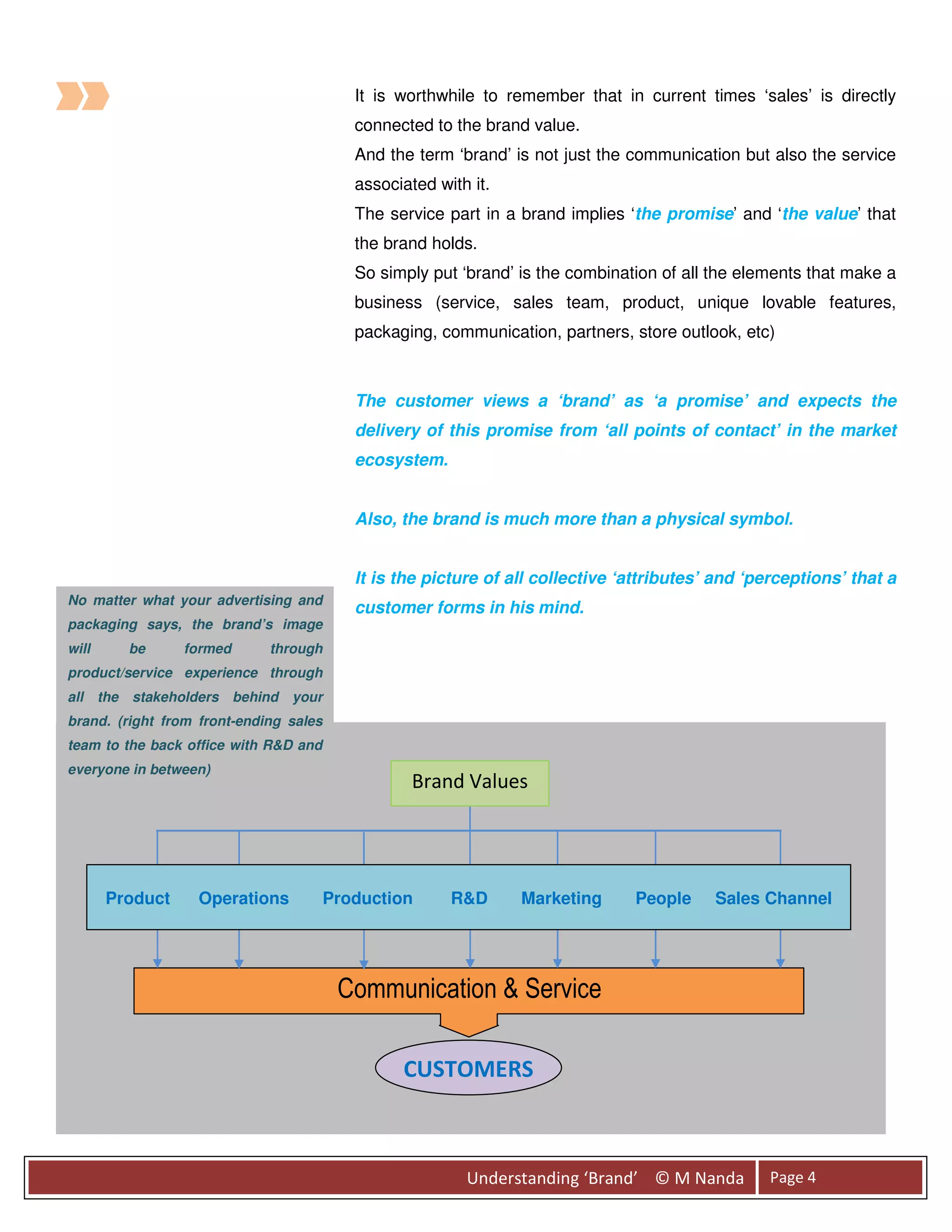 It is worthwhile to remember that in current times ‘sales’ is directly
                                           connected to the brand value.
                                           And the term ‘brand’ is not just the communication but also the service
                                           associated with it.
                                           The service part in a brand implies ‘the promise’ and ‘the value’ that
                                           the brand holds.
                                           So simply put ‘brand’ is the combination of all the elements that make a
                                           business (service, sales team, product, unique lovable features,
                                           packaging, communication, partners, store outlook, etc)



                                           The customer views a ‘brand’ as ‘a promise’ and expects the
                                           delivery of this promise from ‘all points of contact’ in the market
                                           ecosystem.


                                           Also, the brand is much more than a physical symbol.


                                           It is the picture of all collective ‘attributes’ and ‘perceptions’ that a
No matter what your advertising and
                                           customer forms in his mind.
packaging says, the brand’s image
will       be     formed     through
product/service experience through
all    the stakeholders behind   your
brand. (right from front-ending sales
team to the back office with R&D and
everyone in between)
                                                   Brand Values




        Product    Operations           Production      R&D      Marketing      People     Sales Channel




                                         Communication & Service

                                                 CUSTOMERS



                                                          Understanding ‘Brand’ © M Nanda         Page 4
 