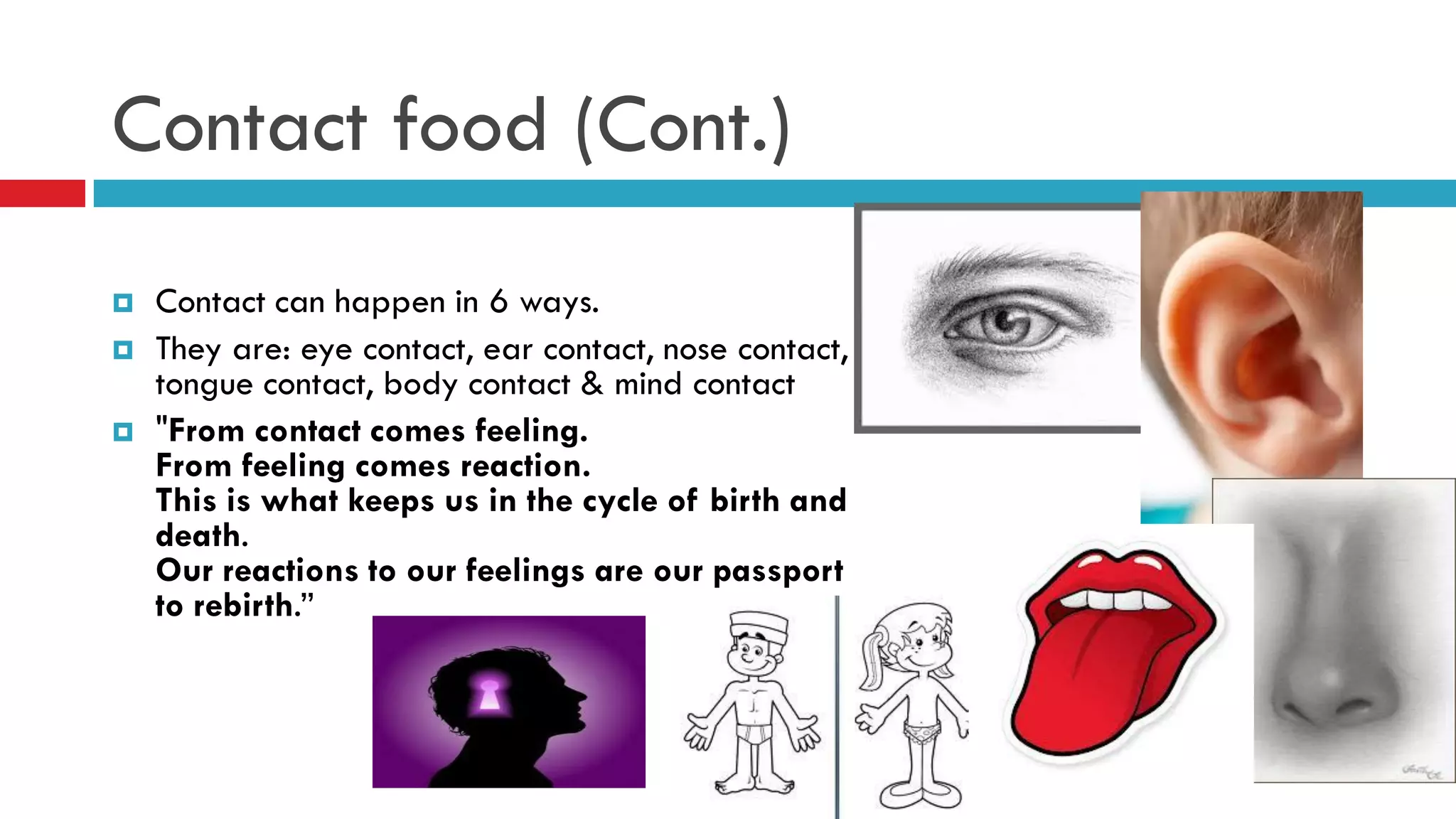 Contact food (Cont.)
 Contact can happen in 6 ways.
 They are: eye contact, ear contact, nose contact,
tongue contact, body contact & mind contact
 "From contact comes feeling.
From feeling comes reaction.
This is what keeps us in the cycle of birth and
death.
Our reactions to our feelings are our passport
to rebirth.”
 