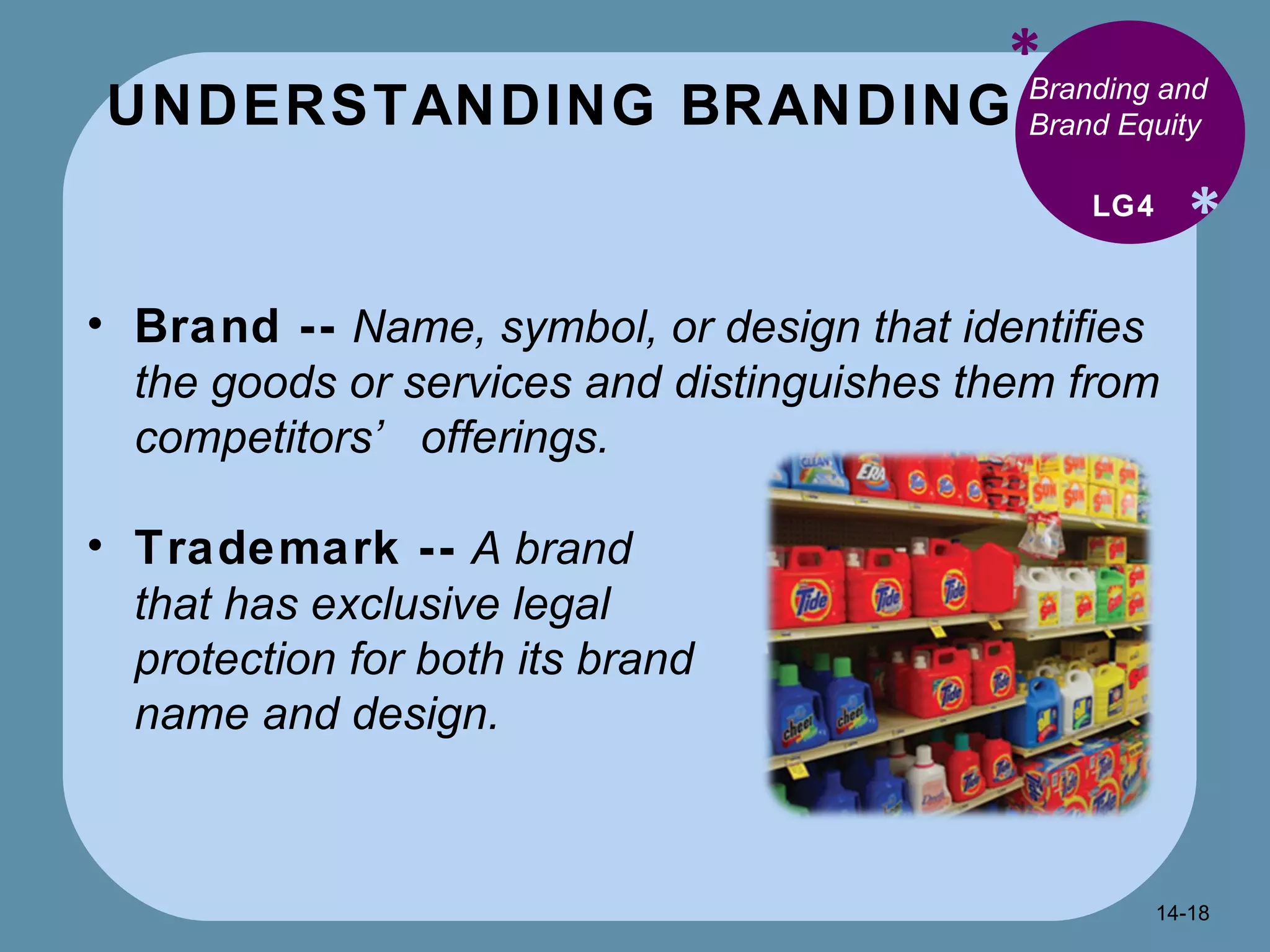 UNDERSTANDING BRANDING * * Branding and Brand Equity Brand --   Name, symbol, or design that identifies the goods or services and distinguishes them from competitors’ offerings. LG4 Trademark --   A brand that has exclusive legal protection for both its brand name and design. 14- 