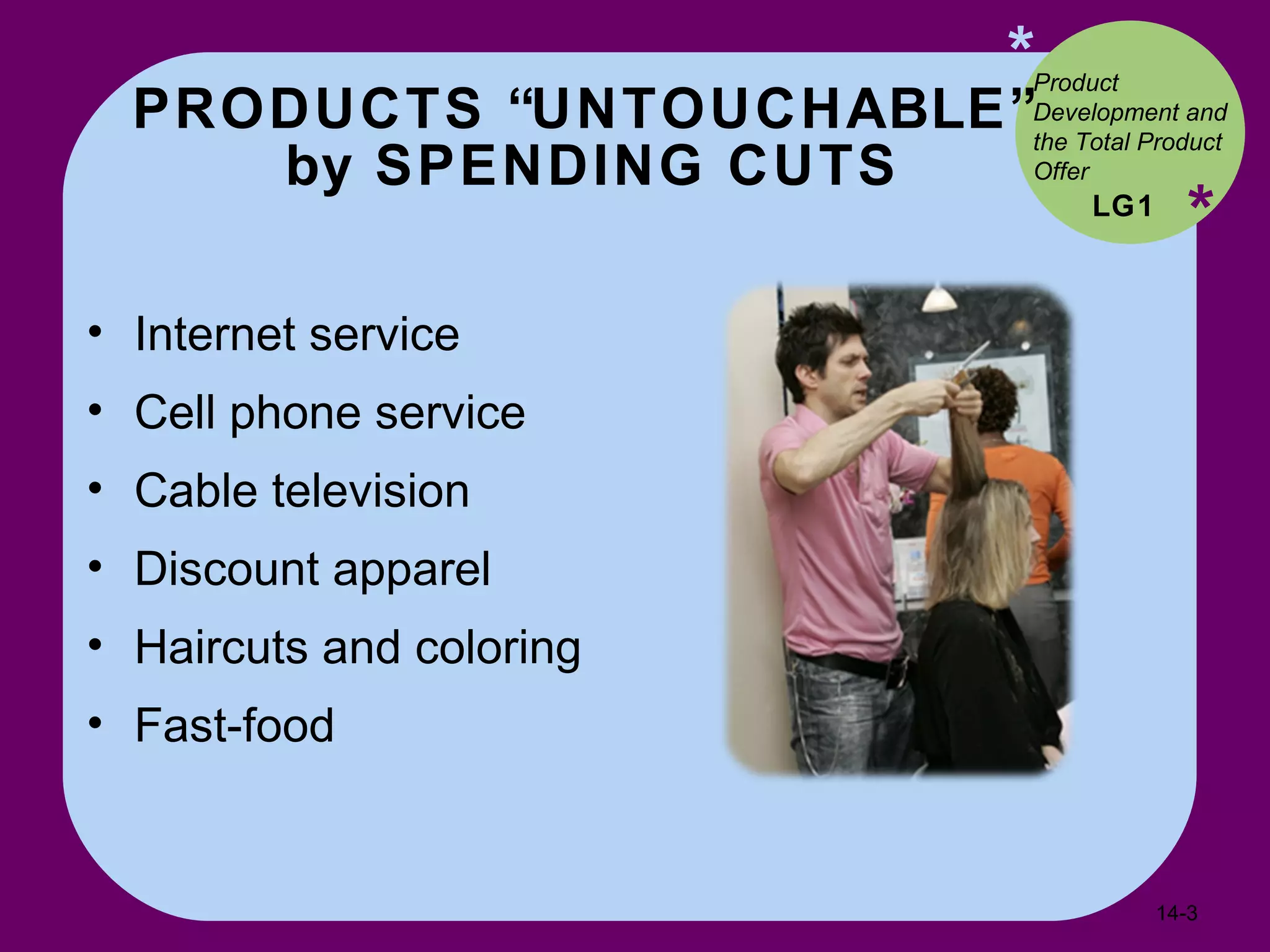 PRODUCTS “UNTOUCHABLE”  by SPENDING CUTS * * Internet service Cell phone service Cable television Discount apparel Haircuts and coloring Fast-food LG1 Product Development and the Total Product Offer 14- 