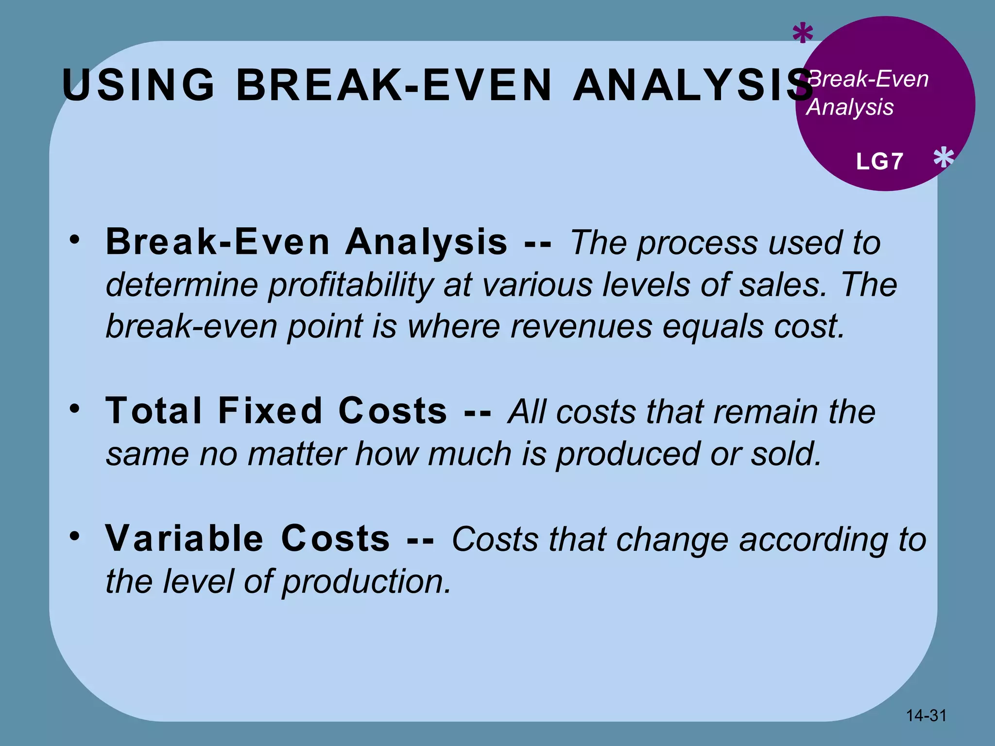 USING BREAK-EVEN ANALYSIS * * Break-Even Analysis Break-Even Analysis --  The process used to determine profitability at various levels of sales. The break-even point is where revenues equals cost. Total Fixed Costs --  All costs that remain the same no matter how much is produced or sold. Variable Costs --  Costs that change according to the level of production. LG7 14- 