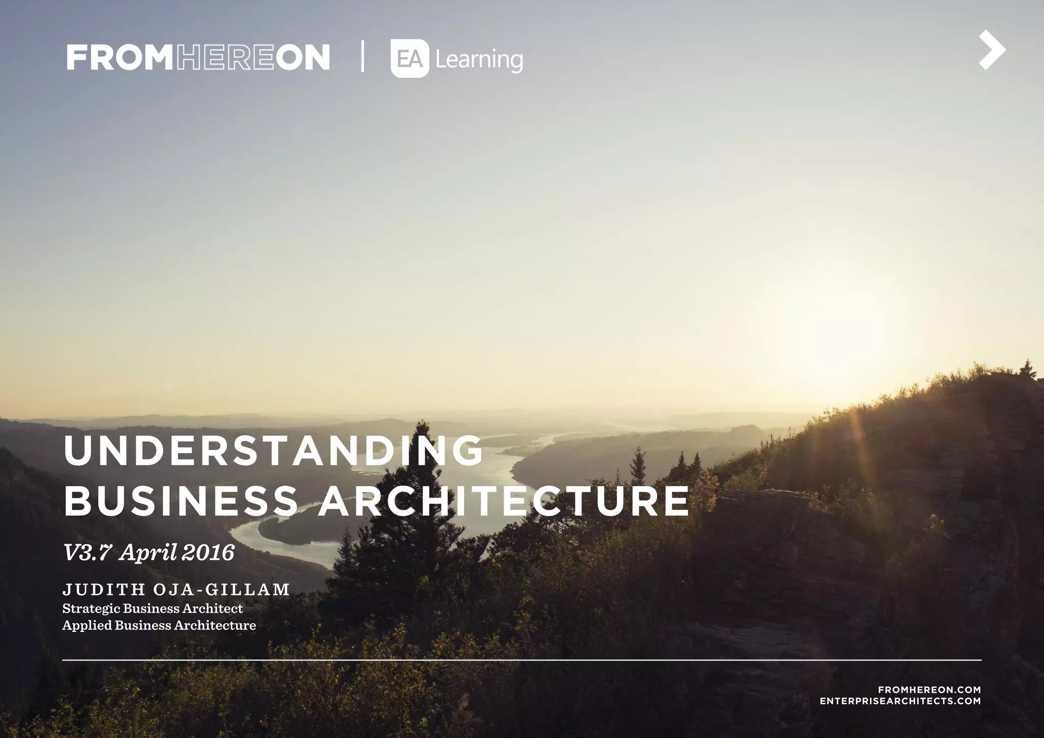 P / 1
FROMHEREON.COM
ENTERPRISEARCHITECTS.COM
UNDERSTANDING
BUSINESS ARCHITECTURE
V3.7 April 2016
JUDITH OJA -GILLAM
Strategic Business Architect
Applied Business Architecture
 