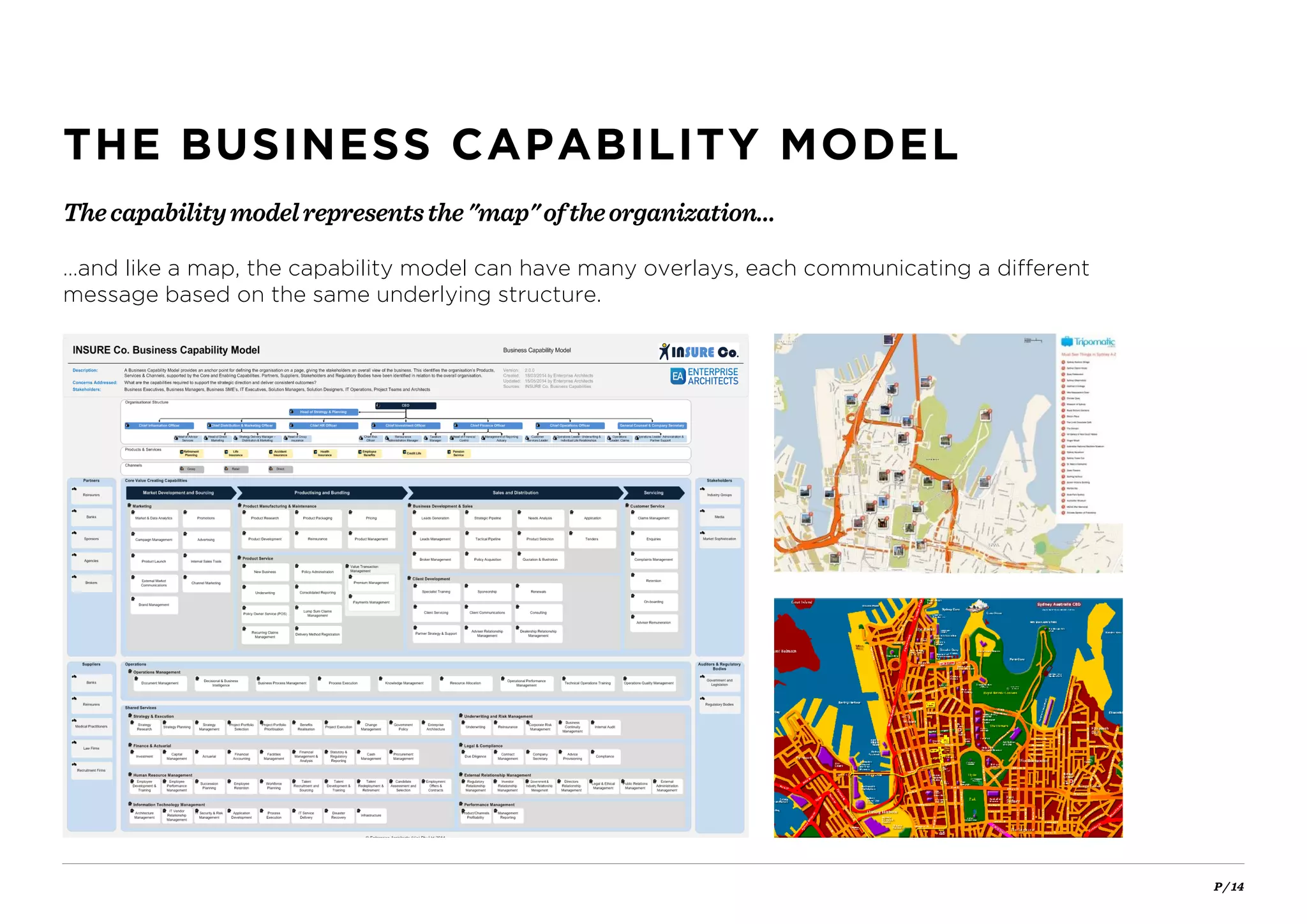 P / 14
Thecapabilitymodelrepresentsthe"map"oftheorganization…
THE BUSINESS CAPABILITY MODEL
…and like a map, the capability model can have many overlays, each communicating a different
message based on the same underlying structure.
 
