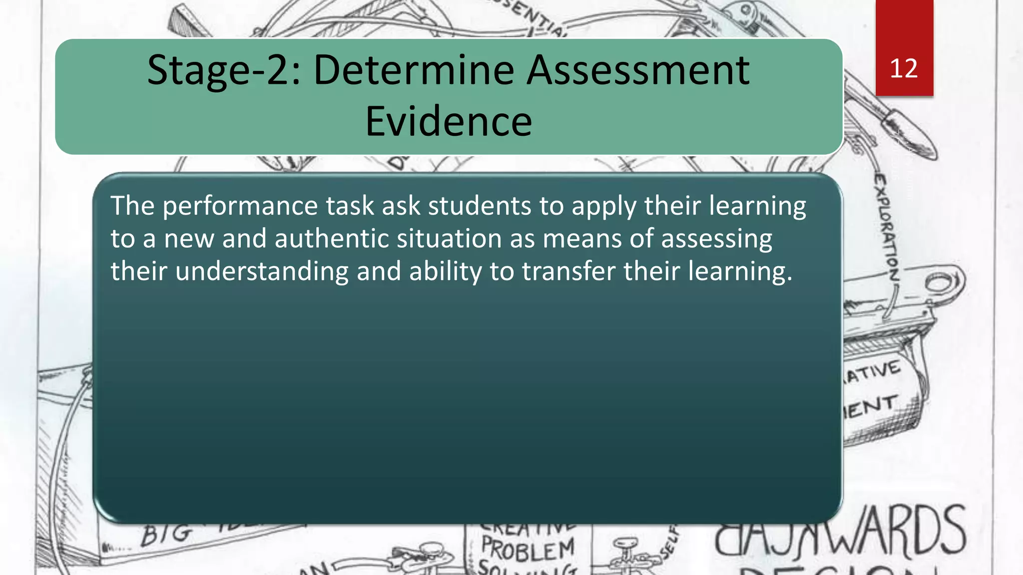 Stage-2: Determine Assessment
Evidence
The performance task ask students to apply their learning
to a new and authentic situation as means of assessing
their understanding and ability to transfer their learning.
12
 