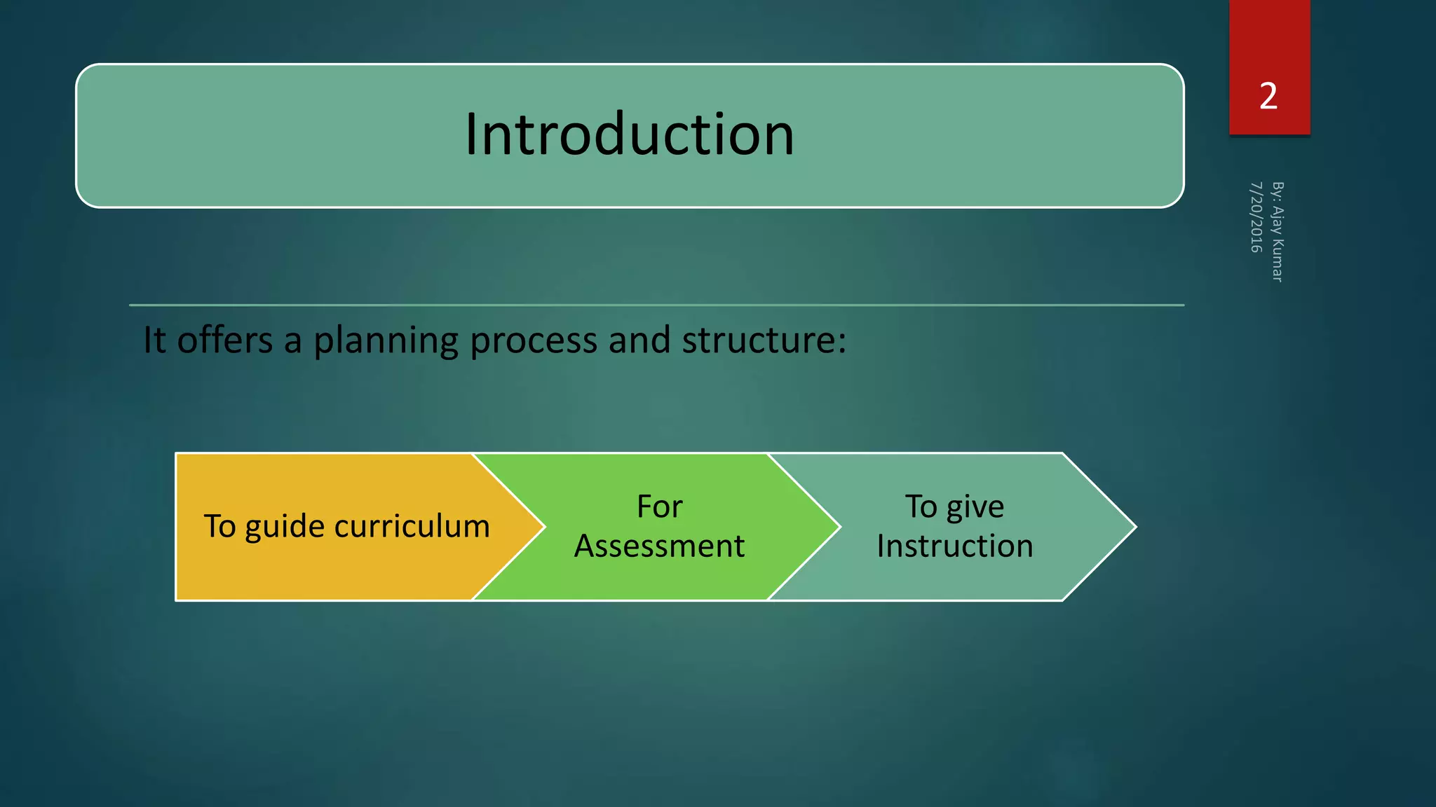 Introduction
It offers a planning process and structure:
To guide curriculum
For
Assessment
To give
Instruction
2
 