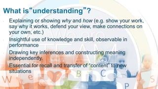What is“understanding”?
• Explaining or showing why and how (e.g. show your work,
say why it works, defend your view, make connections on
your own, etc.)
• Insightful use of knowledge and skill, observable in
performance
• Drawing key inferences and constructing meaning
independently.
• Essential for recall and transfer of “content” to new
situations
 