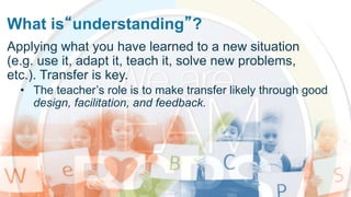 What is“understanding”?
Applying what you have learned to a new situation
(e.g. use it, adapt it, teach it, solve new problems,
etc.). Transfer is key.
• The teacher’s role is to make transfer likely through good
design, facilitation, and feedback.
 