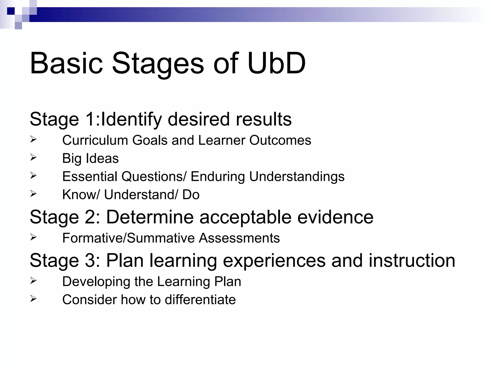 Basic Stages of UbD Stage 1:Identify desired results Curriculum Goals and Learner Outcomes Big Ideas Essential Questions/ Enduring Understandings Know/ Understand/ Do Stage 2: Determine acceptable evidence Formative/Summative Assessments Stage 3: Plan learning experiences and instruction Developing the Learning Plan Consider how to differentiate 